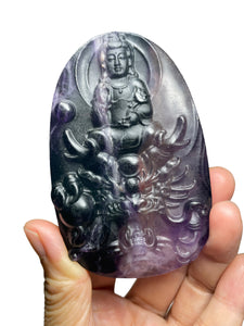 Rainbow fluorite Guan Yin on a dragon with crystal info card and acrylic stand ZF33