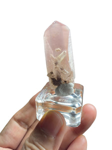 Rare raw pink Lithium quartz point ZF34 with crystal info card