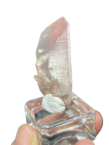 Rare raw pink Lithium quartz point ZF34 with crystal info card