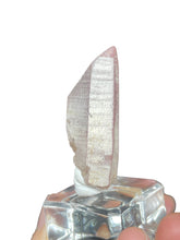 Load image into Gallery viewer, Rare raw pink Lithium quartz point ZF34 with crystal info card
