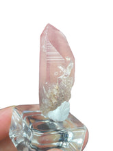 Load image into Gallery viewer, Rare raw pink Lithium quartz point ZF34 with crystal info card
