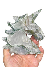 Load image into Gallery viewer, 120mm Moss Agate Unicorn ZF35 with druzy and crystal info card
