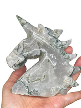 Load image into Gallery viewer, 120mm Moss Agate Unicorn ZF35 with druzy and crystal info card
