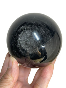 67mm Silver Sheen Obsidian sphere protection R70T with crystal info card