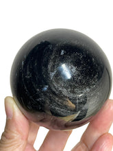 Load image into Gallery viewer, 67mm Silver Sheen Obsidian sphere protection R70T with crystal info card
