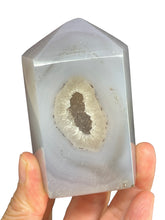 Load image into Gallery viewer, Sparkly agate druzy tower with crystal info card
