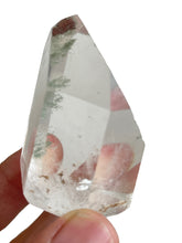Load image into Gallery viewer, 47mm Brazilian Clear quartz with chlorite phantom inclusions and crystal info card
