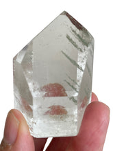 Load image into Gallery viewer, 47mm Brazilian Clear quartz with chlorite phantom inclusions and crystal info card
