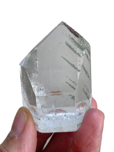 47mm Brazilian Clear quartz with chlorite phantom inclusions and crystal info card