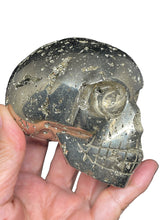 Load image into Gallery viewer, Pyrite skull from Peru abundance ancestral healing ZF41 with crystal info card
