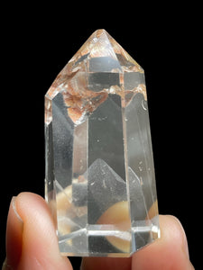 Brazilian Clear quartz tower multiple white phantoms generator with crystal info card  ZF42