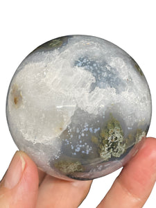 56 mm Moss Agate sphere ZF69 with druzy and crystal info card