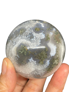 56 mm Moss Agate sphere ZF69 with druzy and crystal info card