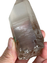 Load image into Gallery viewer, 81mm Raw Smoky Lemurian seed quartz twin from Brazil with crystal info card ZF76
