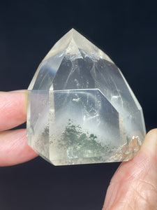 44mm Brazilian Clear quartz with chlorite phantom inclusions and crystal info card ZF82