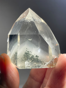 44mm Brazilian Clear quartz with chlorite phantom inclusions and crystal info card ZF82