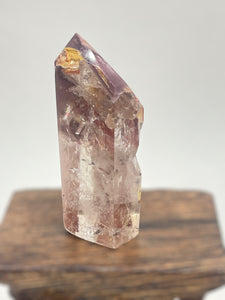 Rare Polished Pink Lithium quartz point ZF85 with crystal info card