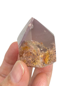 Polished Pink Lithium quartz point ZF84 with crystal info card