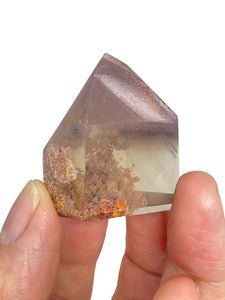 Polished Pink Lithium quartz point ZF84 with crystal info card