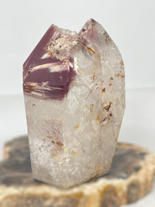 Large Rare Polished Pink Lithium quartz point ZB11 with crystal info card