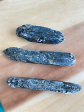 Load image into Gallery viewer, Set of 3 Blue Kyanite with mica from Zambia ZB17 with info card
