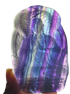 Rainbow Fluorite Ksitigarbha bodhisattva Buddha carving talisman altar piece WA105 with crystal info card