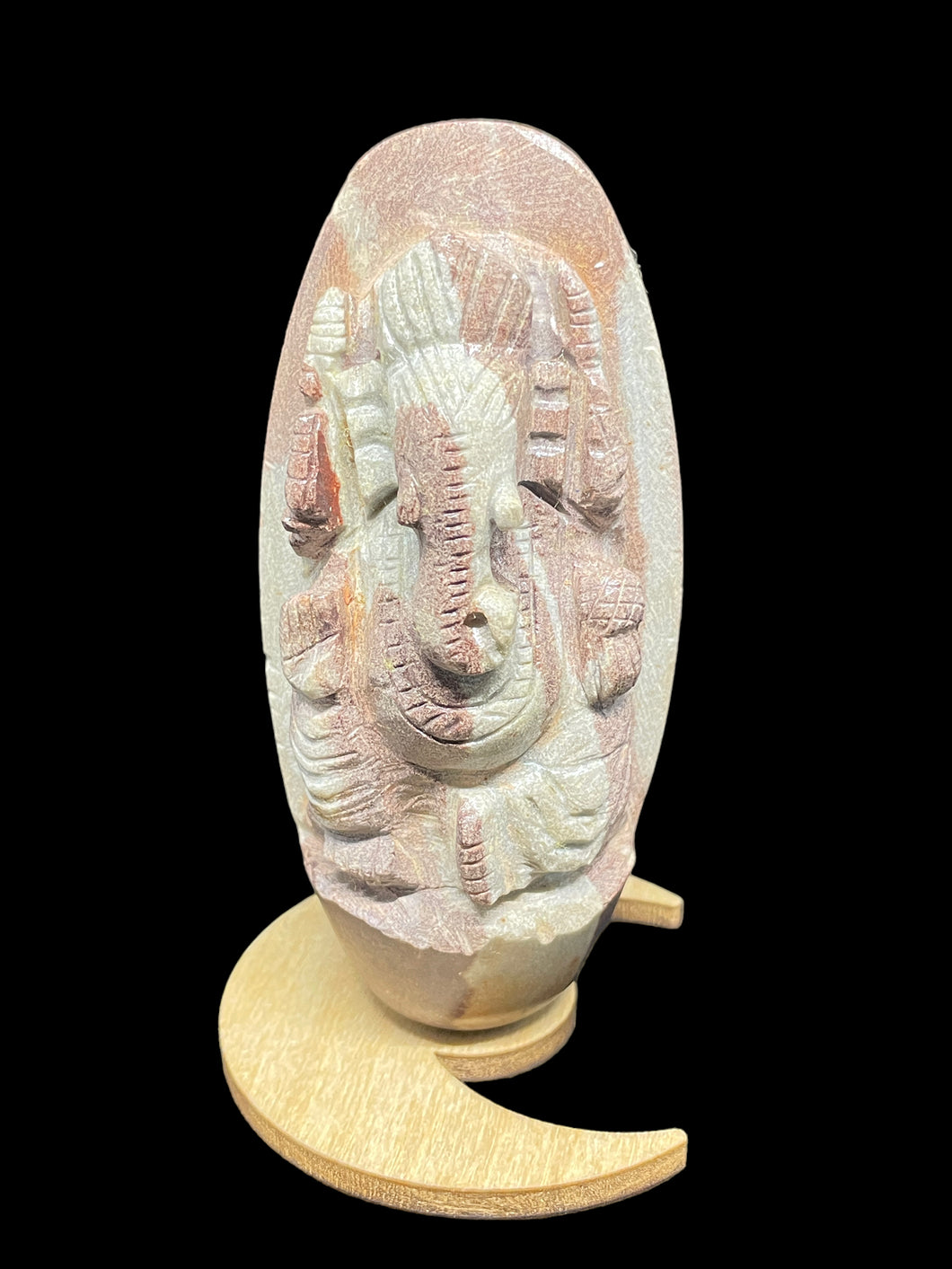 Shiva Lingam carved Ganesha with crescent moon wood stand and crystal info card ZB28