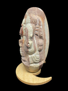 Shiva Lingam carved Ganesha with crescent moon wood stand and crystal info card ZB28