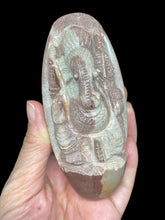 Load image into Gallery viewer, Shiva Lingam carved Ganesha with crescent moon wood stand and crystal info card ZB28
