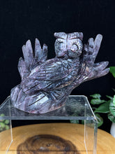 Load image into Gallery viewer, purple mica lepidolite
Crystal owl sculpture on a clear stand with a dark background
