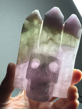 Load image into Gallery viewer, Rare UV Reactive Kunzite 3-Point Skull Carving — Amazing Glow! SZ83
