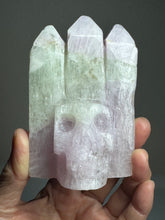Load image into Gallery viewer, Rare UV Reactive Kunzite 3-Point Skull Carving — Amazing Glow! SZ83
