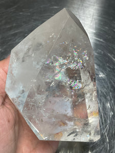Clear quartz geometric free form with rainbows and crystal info card ZC25C
