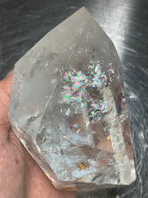 Load image into Gallery viewer, Clear quartz geometric free form with rainbows and crystal info card ZC25C
