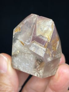 Polished Pink Lithium quartz point ZF59 with crystal info card