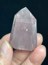 Load image into Gallery viewer, 37mm Polished Mini Pink Lithium quartz point ZB60 with crystal info card
