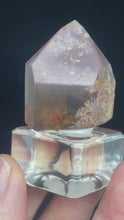 Load and play video in Gallery viewer, Polished Pink Lithium quartz point ZF84 with crystal info card
