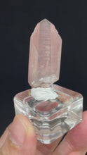 Load and play video in Gallery viewer, Rare raw pink Lithium quartz point ZF31 with crystal info card
