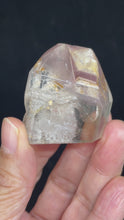 Load and play video in Gallery viewer, Polished Pink Lithium quartz point ZF59 with crystal info card

