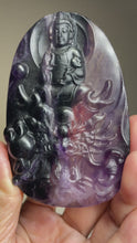 Load and play video in Gallery viewer, Rainbow fluorite Guan Yin on a dragon with crystal info card and acrylic stand ZF33
