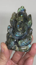 Load and play video in Gallery viewer, Labradorite carved Ganesha with crystal info card ZB31
