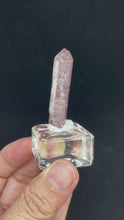 Load and play video in Gallery viewer, Rare raw pink Lithium quartz point ZF28 with crystal info card
