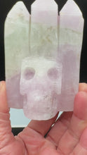 Load and play video in Gallery viewer, Rare UV Reactive Kunzite 3-Point Skull Carving — Amazing Glow! SZ83
