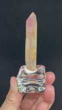 Load and play video in Gallery viewer, Rare raw pink Lithium quartz pointZF27 with crystal info card

