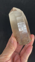 Load and play video in Gallery viewer, 81mm Raw Smoky Lemurian seed quartz twin from Brazil with crystal info card ZF76
