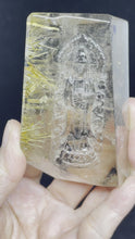 Load and play video in Gallery viewer, Incredible Golden Rutilated quartz Guan Yin carving Z81 with custom wood stand
