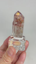 Load and play video in Gallery viewer, Rare Polished Pink Lithium quartz point ZF85 with crystal info card
