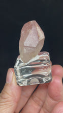 Load and play video in Gallery viewer, Rare raw pink Lithium quartz point ZF29 with crystal info card
