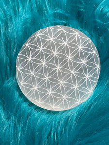 3" Selenite flower of life charging plate metaphysical vibrations- cleansing Z22