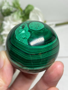 45mm Malachite sphere with crystal info card Z24